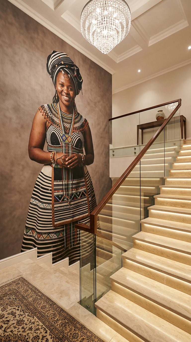 Smiling woman in traditional attire as a wall mural in an elegant hall.