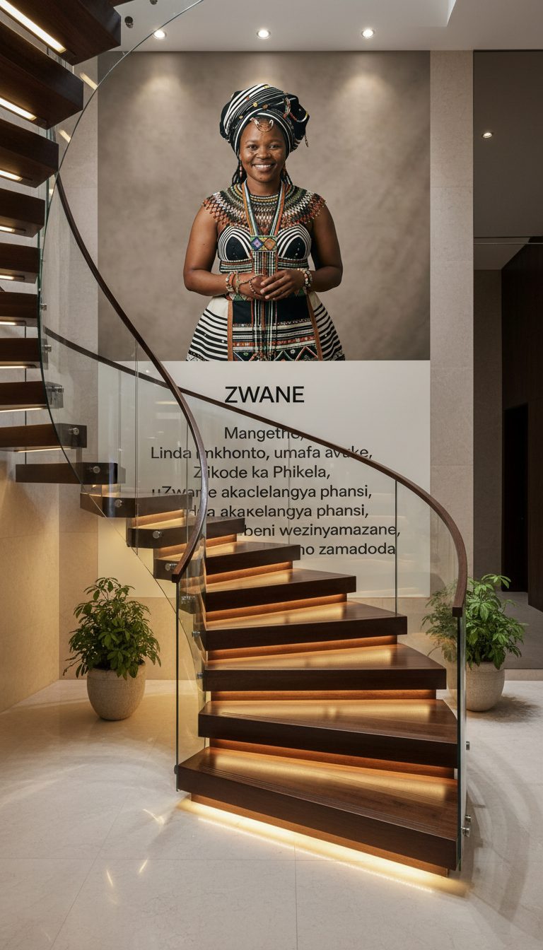 Smiling woman in traditional attire, portrait wall mural beside a winding staircase.