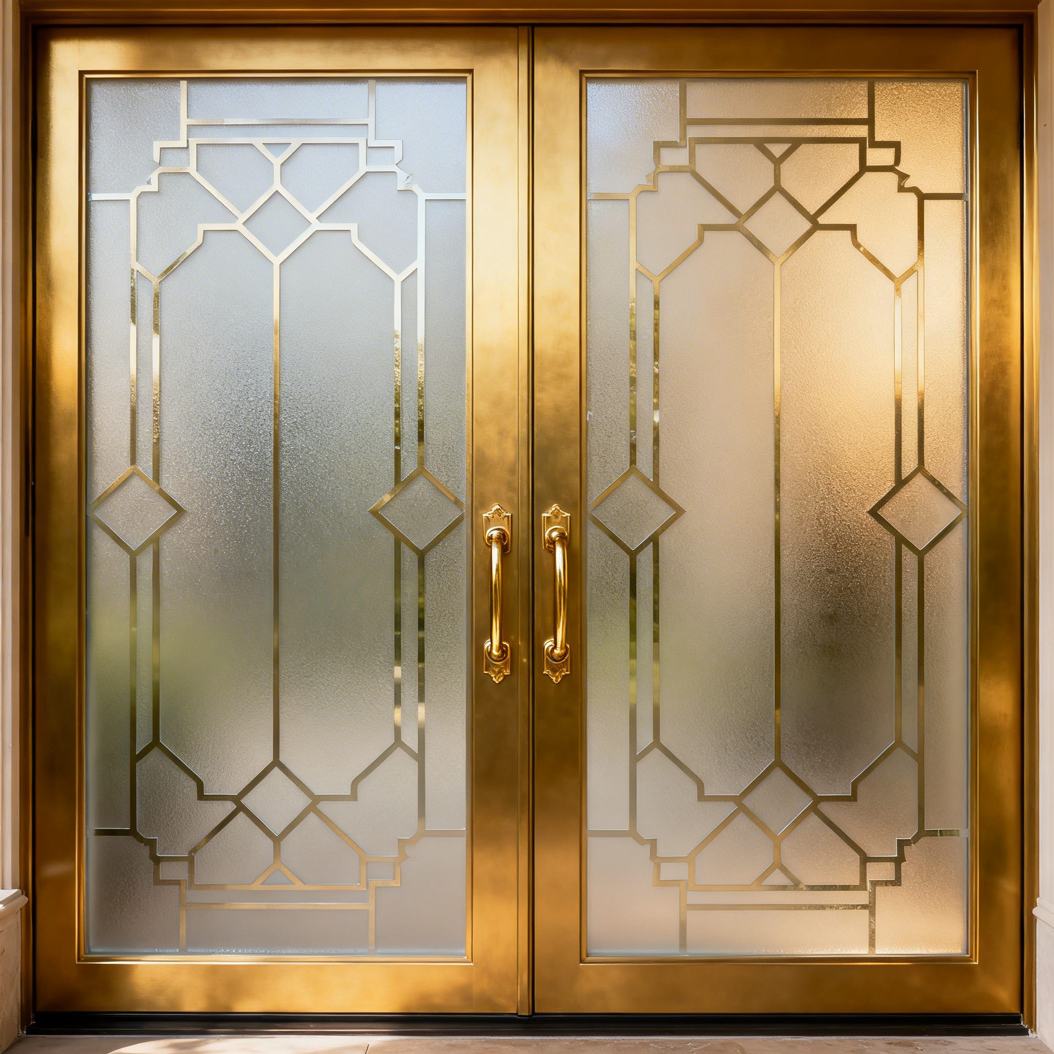 Golden geometric frosted glass doors, ideal for custom wallpaper installations.