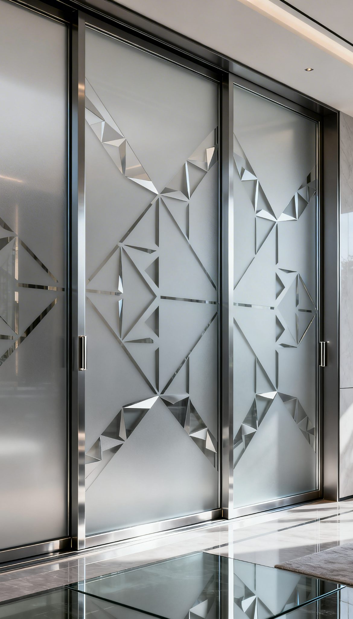 Sliding glass doors with geometric metallic window frosting, a stylish alternative to wallpaper.