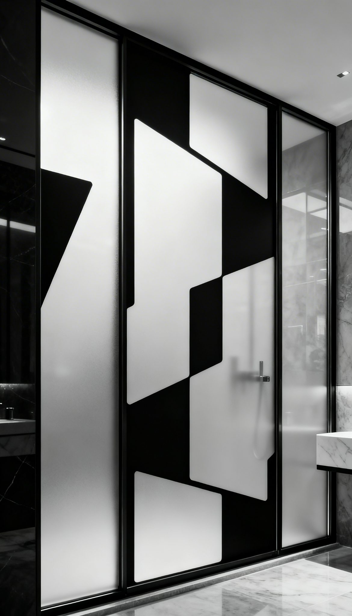 Frosted window panels with black geometric shapes, ideal for custom wallpaper installations in modern bathrooms.