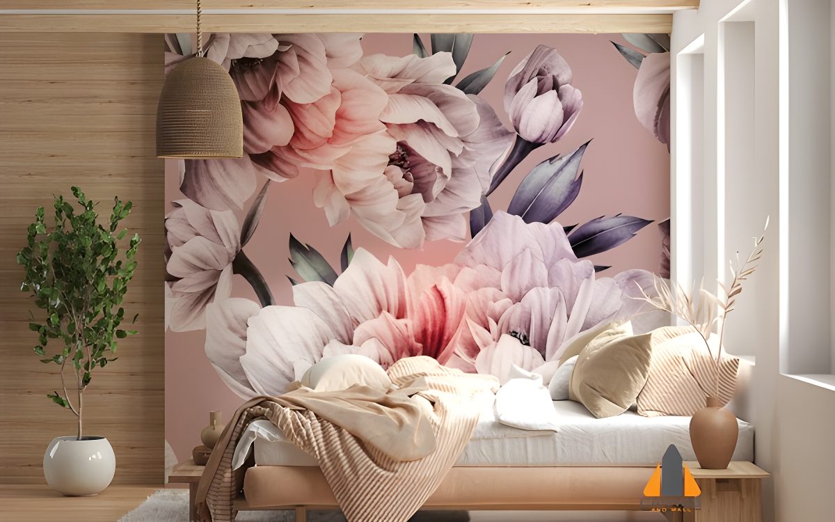 Vintage peony wall mural in a modern living room, perfect for wallpaper installations in Gauteng