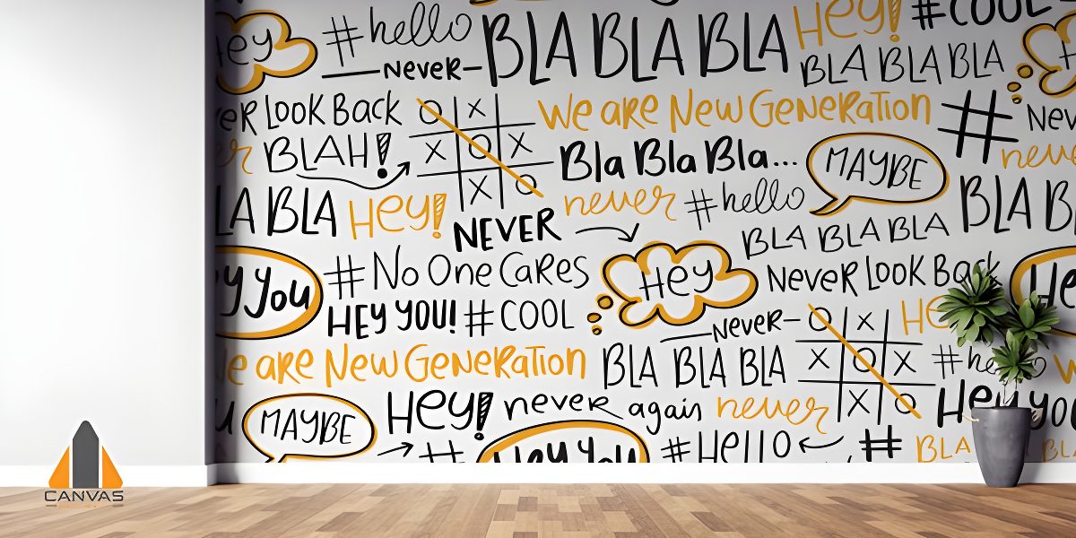 Playful 'Bla Bla Bla' typography wall mural in a modern room, perfect for wallpaper installations in Gauteng.