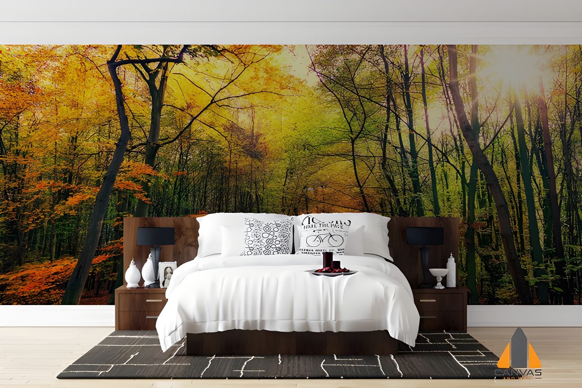 Autumn forest wall mural in a bedroom, with sunbeams through yellow and orange leaves. Wallpaper installations in Gauteng.