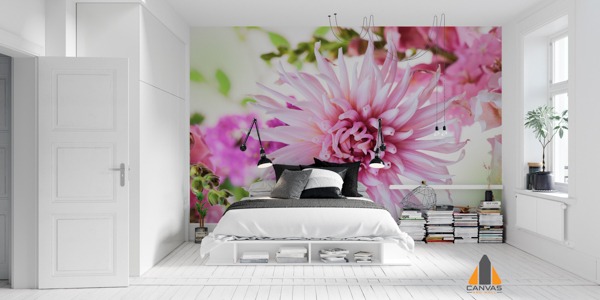 Pink dahlia floral wall mural in a modern bedroom, perfect for wallpaper installations in Johannesburg.
