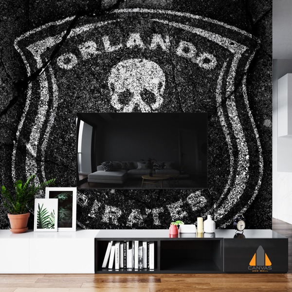 Orlando Pirates skull and bones logo wall mural in a modern living room for wallpaper installations Johannesburg.