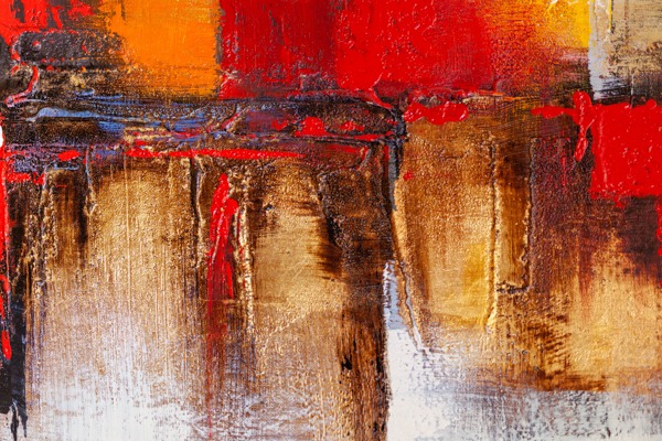 Close-up of the Red Gold Black Abstract Acrylic canvas print artwork, showing textured brushstrokes.