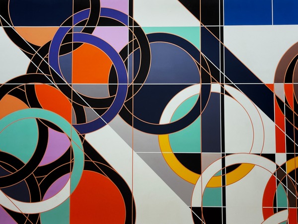 Close-up of the geometric Shifting Circles wallpaper design with colourful intersecting lines and shapes.