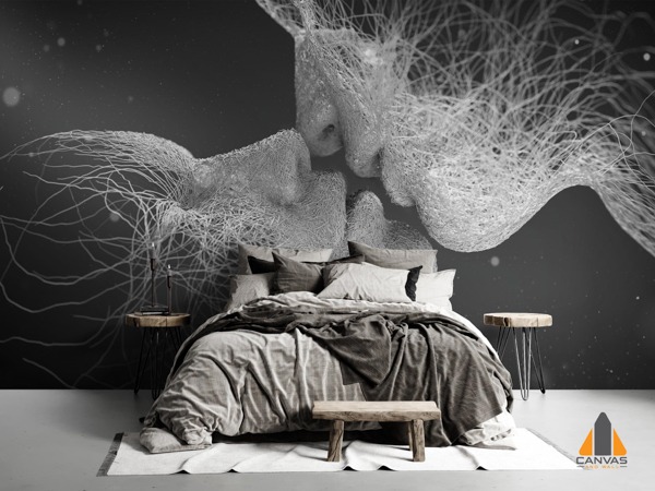 Entwined faces wall mural behind a bed in a modern bedroom, with wallpaper installations in Gauteng.