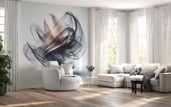 Silvery Swirls wall mural in a modern living room, perfect for wallpaper installations in Gauteng