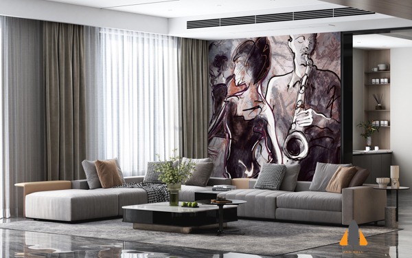 Jazz night sketch wall mural in a modern living room, perfect for wallpaper installations in Gauteng.