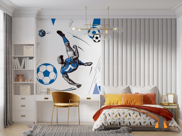 Soccer player kicking ball wall mural in a child's bedroom. Get wallpaper installations in Gauteng.