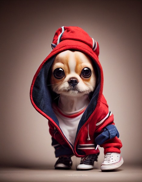 Chihuahua pup in a red hoodie and sneakers, a charming wallpaper design for kids' rooms.