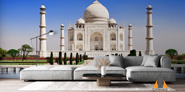 Taj Mahal wall mural in a modern living room, perfect for wallpaper installations in Gauteng.