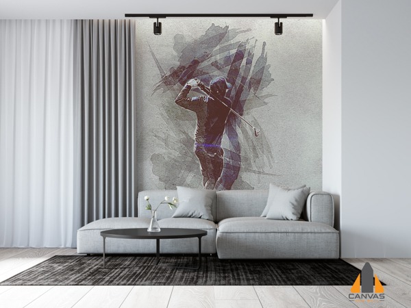 Golfer swinging a club in a modern, minimalistic living room with this Terry Golf wall mural.