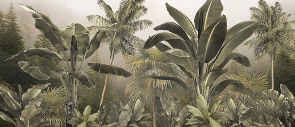 Detailed tropical forest palm wall mural design, ideal for custom wallpaper projects.