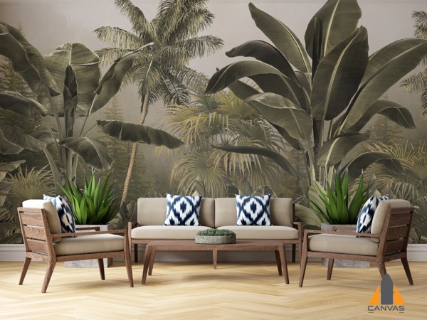 Tropical forest palm wall mural in a modern living room, perfect for wallpaper installations in Gauteng.