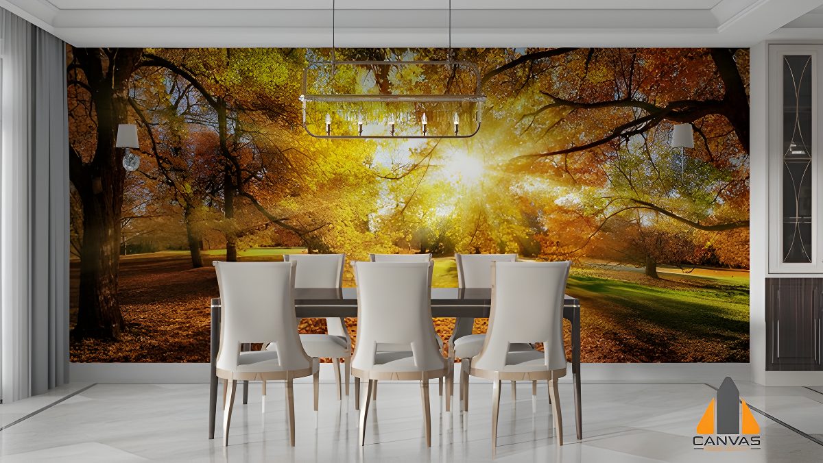 Autumn forest wall mural with sun rays filtering through trees in a modern dining room setting.