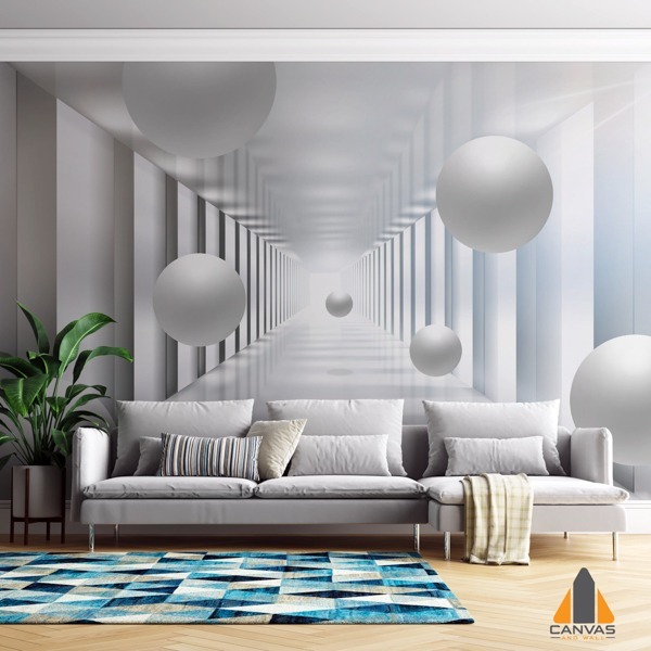 White Tunnel with 3D Floating Balls wall mural in a modern living room, perfect for wallpaper installations Johannesburg.