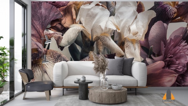 White and Purple Irises and Peonies wall mural in a modern living room, perfect for wallpaper installations in Gauteng.
