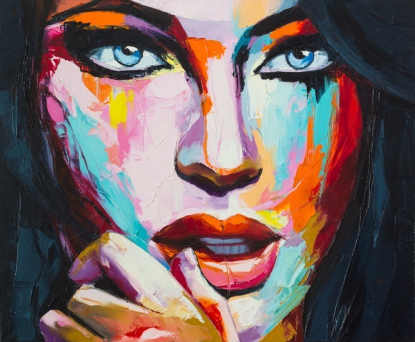 Close-up of a colorful abstract woman's face canvas print artwork, featuring bold brushstrokes.