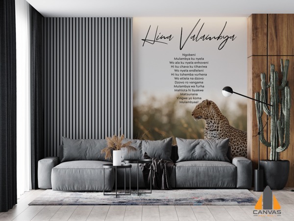 Leopard & text wall mural in a modern living room, perfect for wallpaper installations Johannesburg.