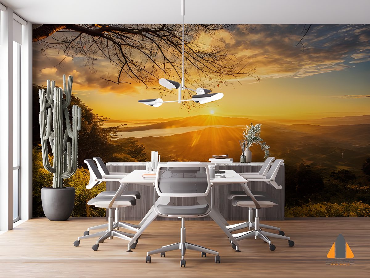 Vibrant sunrise wall mural over mountains in a modern office, ideal for wallpaper installations in Gauteng.