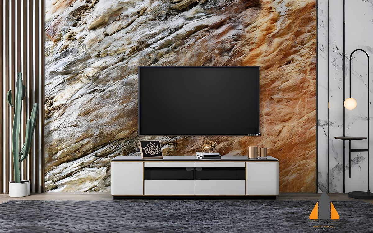 Rustic Rock wall mural in a modern living room, with wallpaper installations in Gauteng.