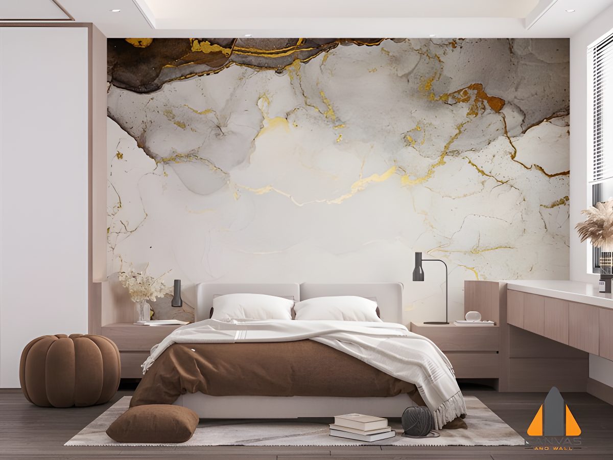 Abstract gold and grey marble wall mural in a modern bedroom, showcasing expert wallpaper installations in Gauteng.
