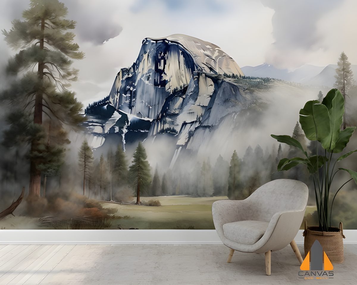 Yosemite Half Dome national park watercolor wall mural with pine trees and fog in a modern living space.