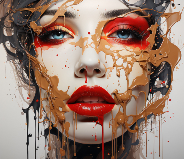 Close-up of a dramatic red lips and blue eyes art wallpaper design with paint streaks.