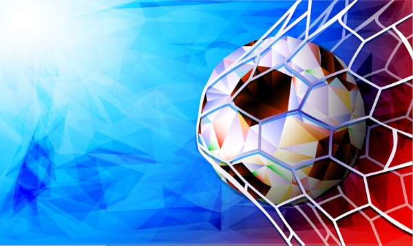 Abstract geometric soccer ball wall mural artwork with blue and red background.