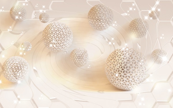 Close-up of a stylish abstract wallpaper design with geometric spheres and glitter accents.