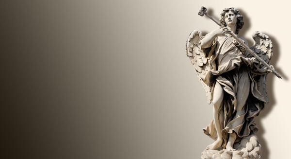 Detailed close-up of a carved angel with a staff, a striking design for canvas prints or wall murals.
