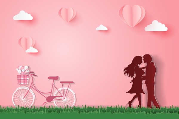 Paper-cut style romantic wall mural design featuring a silhouetted couple and a pink bicycle.