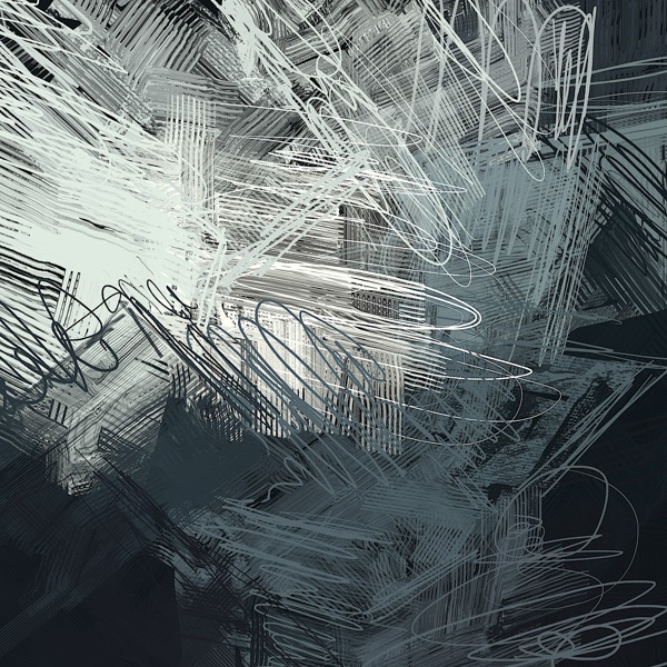 Close-up of the abstract scribble wallpaper design with grey and white lines.
