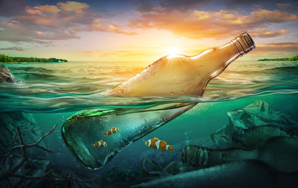 Detailed canvas print artwork of a submerged glass bottle at sunset with clownfish.