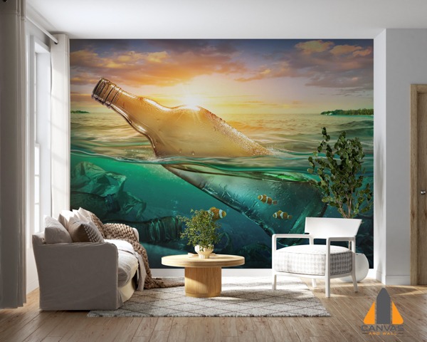 Glass bottle at sunset wall mural in a modern living room, perfect for wallpaper installations in Gauteng.