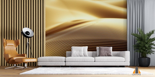 Golden abstract textured wall mural in a modern living room, perfect for wallpaper installations Joburg.