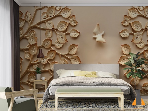 Bedroom with a 3D leaf and bird wall mural adding texture behind the bed. We do custom wallpaper.