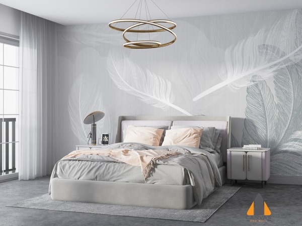 Bedroom with a large feather wall mural and modern bed, ideal for wallpaper installations in Gauteng.