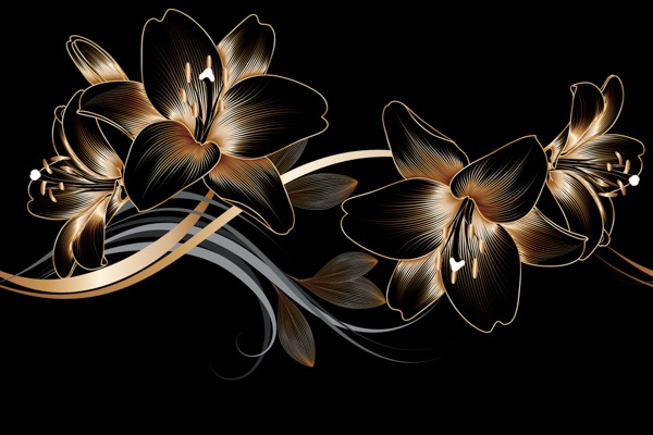 Detailed gold and black lily wallpaper design with elegant swirling lines.