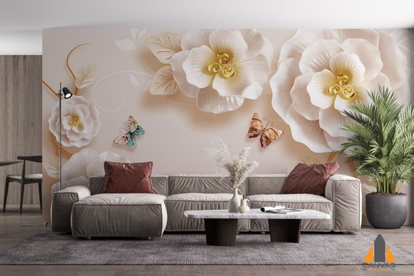 Modern living room with a 3D floral and butterfly wall mural, perfect for wallpaper installations in Gauteng.