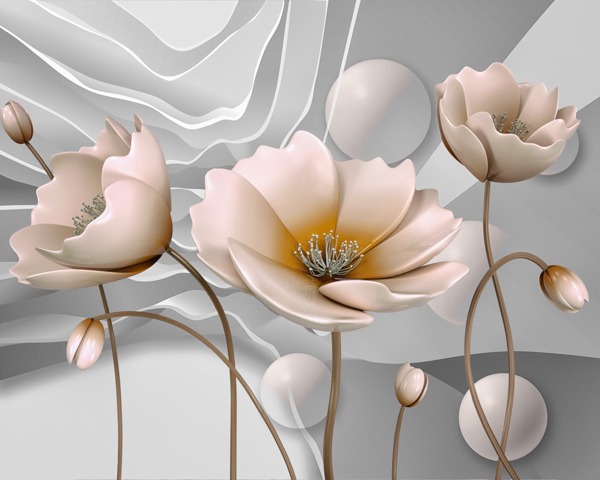 Close-up of a 3D light pink floral wallpaper design with grey abstract shapes.