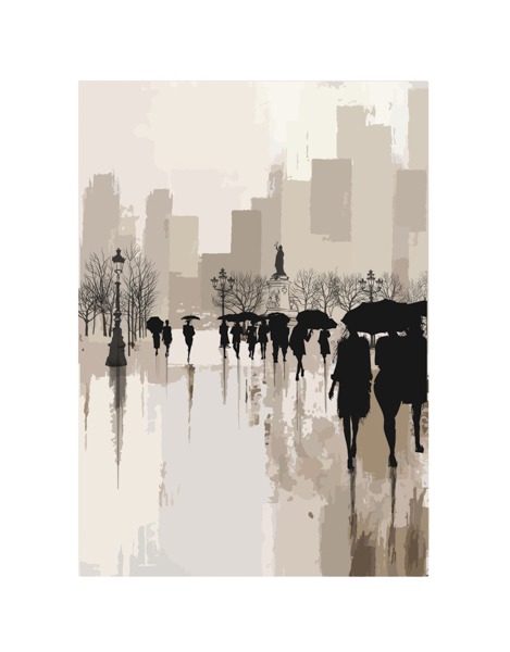 Abstract city scene with people and umbrellas design, ideal for a custom wallpaper.