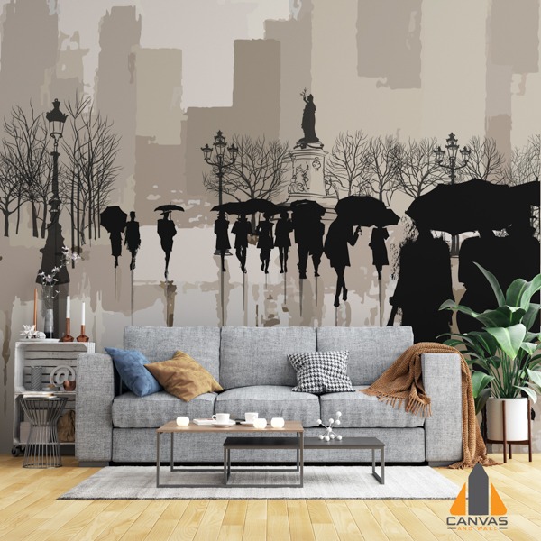 People walking with umbrellas against a city skyline wall mural in a modern living room setting.