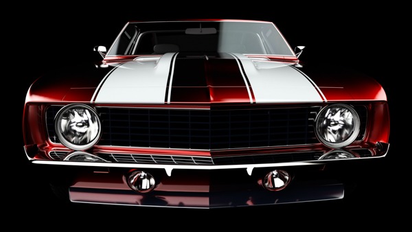 Front view of a shiny red and white vintage muscle car wallpaper design.