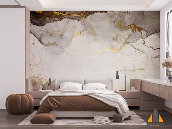 Abstract gold and grey marble wall mural in a modern bedroom, showcasing expert wallpaper installations in Gauteng.