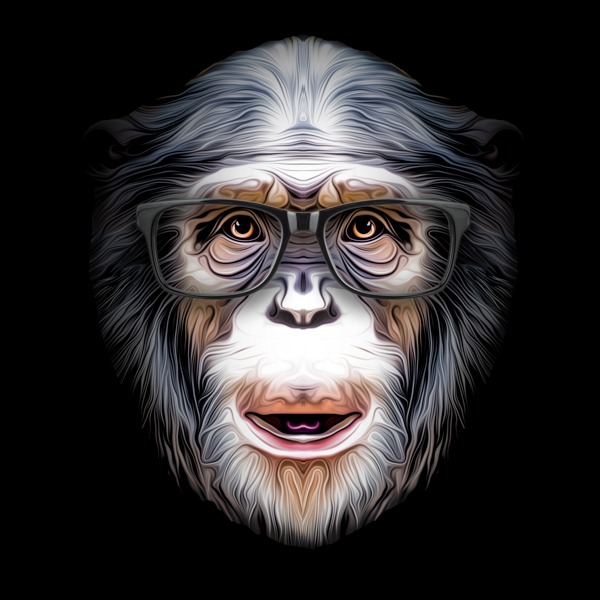 Close-up of a chimpanzee wearing glasses custom wallpaper design on a black background.