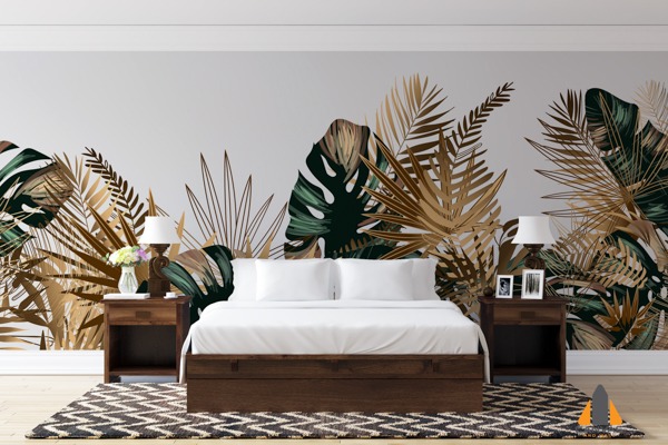 Bedroom with a tropical leaf wall mural, perfect for custom wallpaper installations.